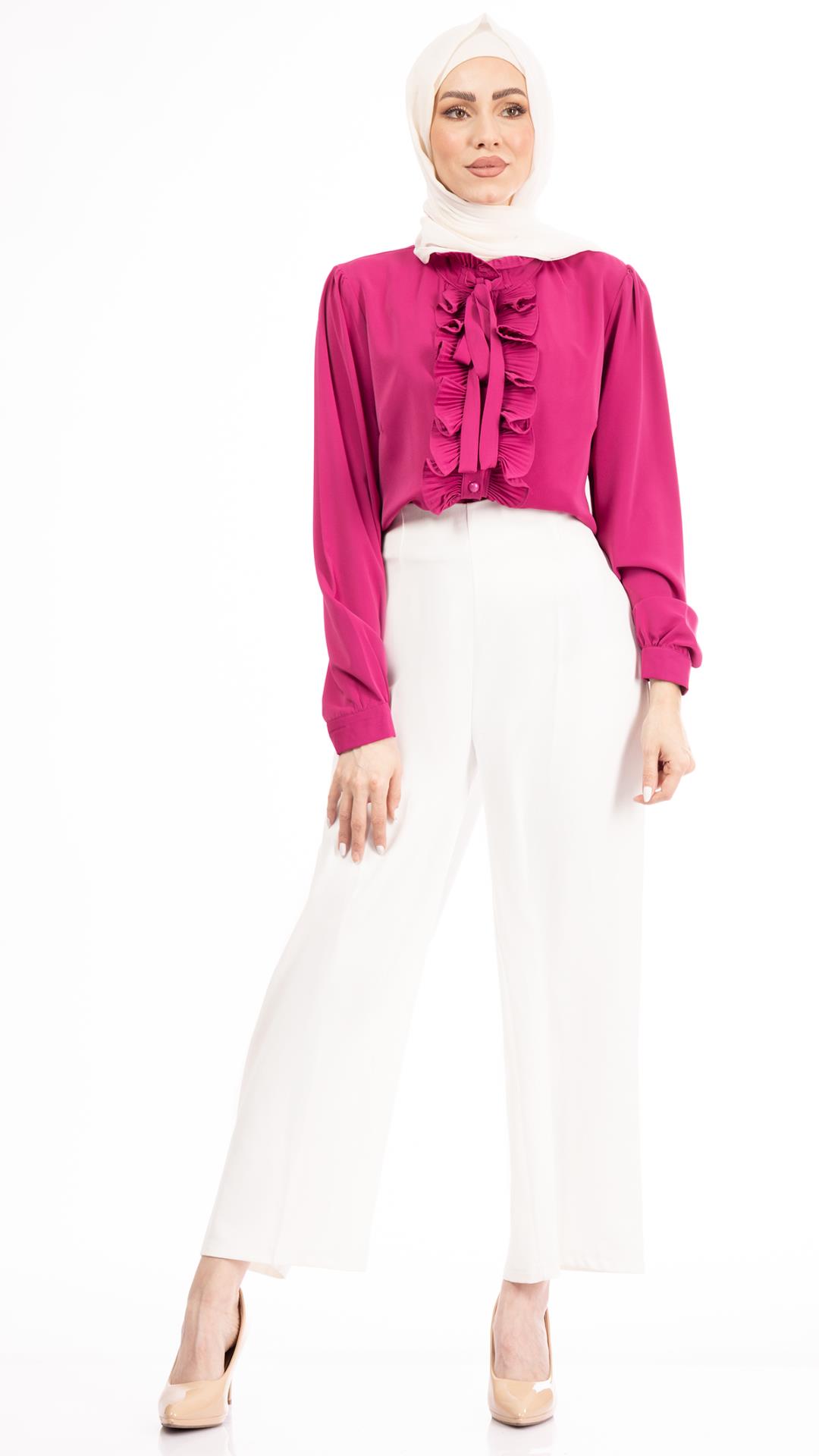 Frill Neck Pleated Button Up Blouse